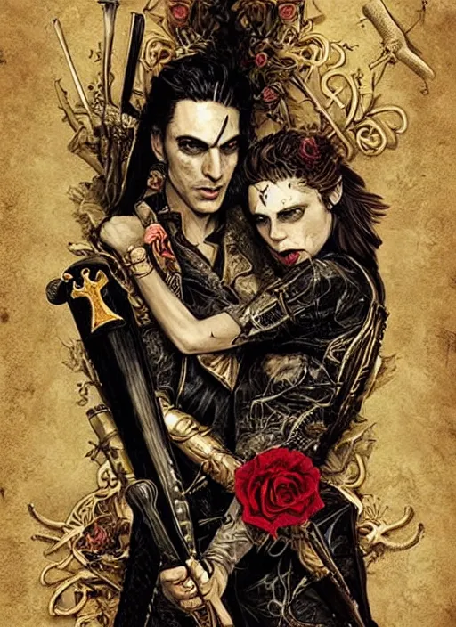 Image similar to tarot card :: horror :: vampires and draculas :: cult and clan :: hearts and roses :: gold and silver :: guns and swords :: highly details :: intricate details :: Sandra Chevrier and bastien lecouffe deharme