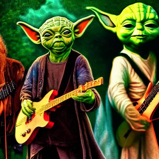 Prompt: a band playing at woodstock with yoda as a lead singer a guitarist who is also yoda, and two guitarists who are also yoda, hyper realistic, 8k, photograph