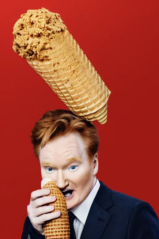 Image similar to 📷 conan o'brien the ice - cream cone 🍦, made of food, head portrait still image, dynamic lighting, 4 k