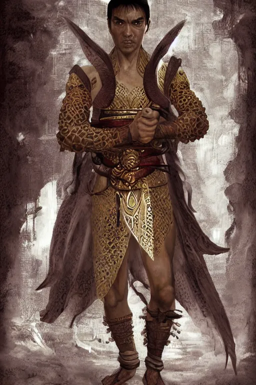 Image similar to male human fantasy monk dnd character concept, face like Mark Dacascos and Irrfan Khan, final fantasy 14 tribal clothes, full-body illustration with martial arts pose, standing in front of a fantasy temple on the background, intricate complexity, wide shot, embossed weathered martial arts plain white background 5e artwork painting by aleksi briclot hard edge painting concept art digital art realistic