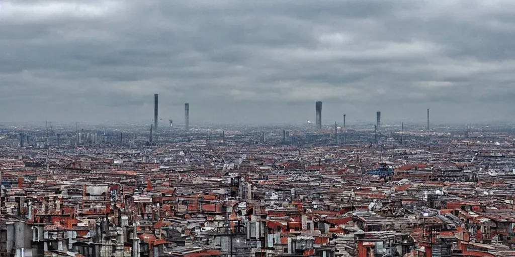 Image similar to a big industrial city metropoli in the distance, cloudy sky