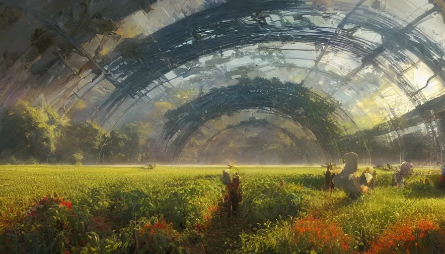 Image similar to craig mullins and ghibli digital illustration of solarpunk fields of crops and hydroponics under a force field, farms, colorful, unreal engine, hyper realism, realistic shading, cinematic composition, realistic render, octane render, detailed textures, photorealistic, wide shot