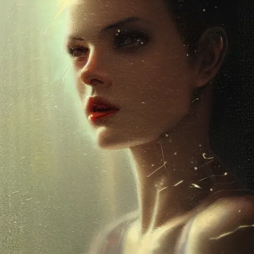 Image similar to detailed face of a woman, moment, cyberpunk cloisters, displays, tech noir, wet reflections, atmospheric, ambient, livia prima, greg rutkowski, edward hopper