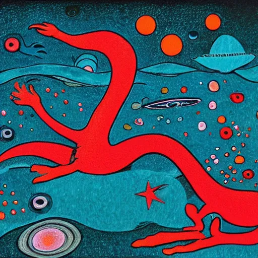 Prompt: anaglyph filter, underwater photography meticulous by tove jansson. a art installation of a dragon in space. the dragon is in the foreground with its mouth open rows of sharp teeth. coiled & ready to strike, its tail is wrapped around a star in the background. background is full of stars & galaxies.