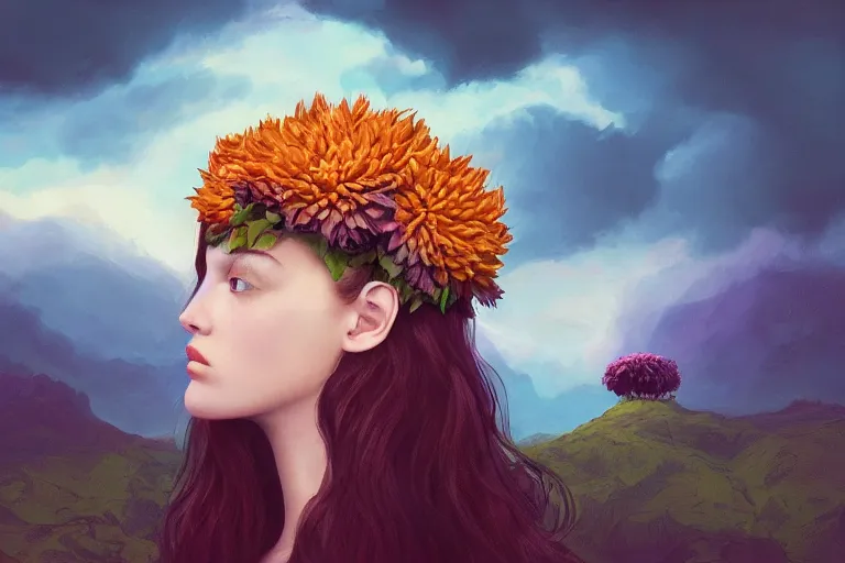 Image similar to giant dahlia flower crown under head, portrait girl on mountain, surreal photography, blue storm clouds, dramatic light, impressionist painting, digital painting, artstation, simon stalenhag