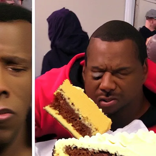 Prompt: angry black guy wearing ski mask throws slice of cake on a man's face