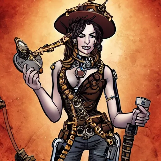 Image similar to full body photo of karen gillen as an amazon steampunk warrior