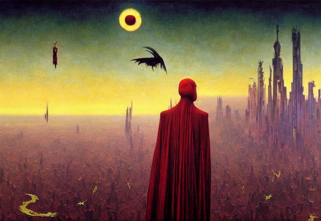 Prompt: realistic detailed portrait movie shot of a birdman wearing dark ragged robes, futuristic city sunrise landscape background by denis villeneuve, jean delville, yves tanguy, alphonse mucha, ernst haeckel, max ernst, roger dean, rich moody colours, cinematic closeup