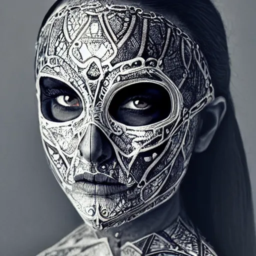 Prompt: A new dark hero for blockbuster movies. A beautiful woman wearing a silver skeletal mask, engraved with ancient detailed patterns. Attractive eyes.