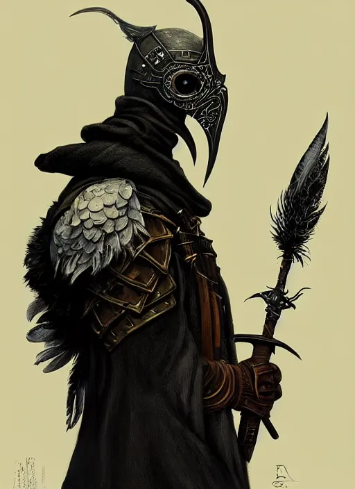 Prompt: rpg! profile! portrait of humanoid bird on white background, beak, feathers, plague doctor, beautiful clothes, dark souls, bloodborne, intricate, highly detailed, digital painting, artstation, concept art, smooth, sharp focus, illustration, art by norman rockwell emiliano ponzi andrey remnev yoann lossel aaron jasinski, 8 k