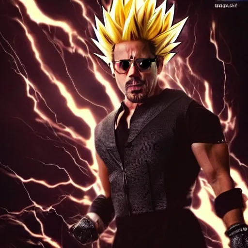 Image similar to robert downey jr. going super saiyan, cinematic, award winning professional photography