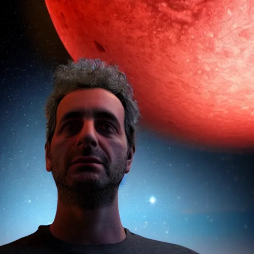 Image similar to gustavo cerati looking at the red moon in the universe, universe, stars, digital art, render unreal engine, highly detailed face, asymmetrical