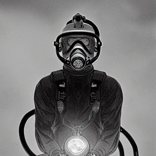 Image similar to ghost scuba diver wearing copper four light, twelve bolt diving helmet, heavy diving gear, emerging from the ocean at night in the style of ghost of captain cutler