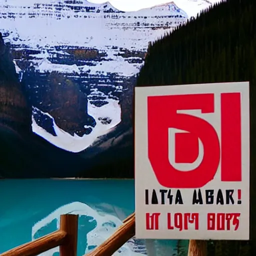 Image similar to soviet style propaganda convincing people to stay at Lake Louise in Banff National park