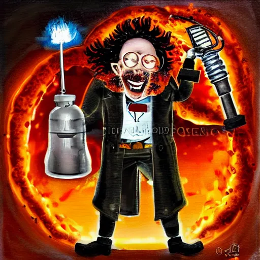 Image similar to mad scientist cooking pizza with a blowtorch, steampunk painting