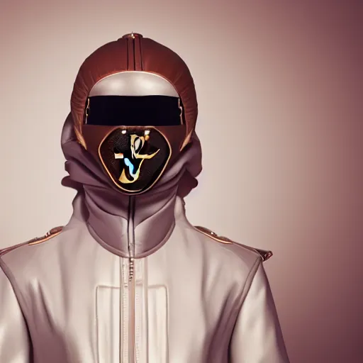 Image similar to portrait of masked dune dynasty with louis vuitton clothes, white background, louis vuitton logo, 8 k, symmetrical, 3 d render, octane render, insane details