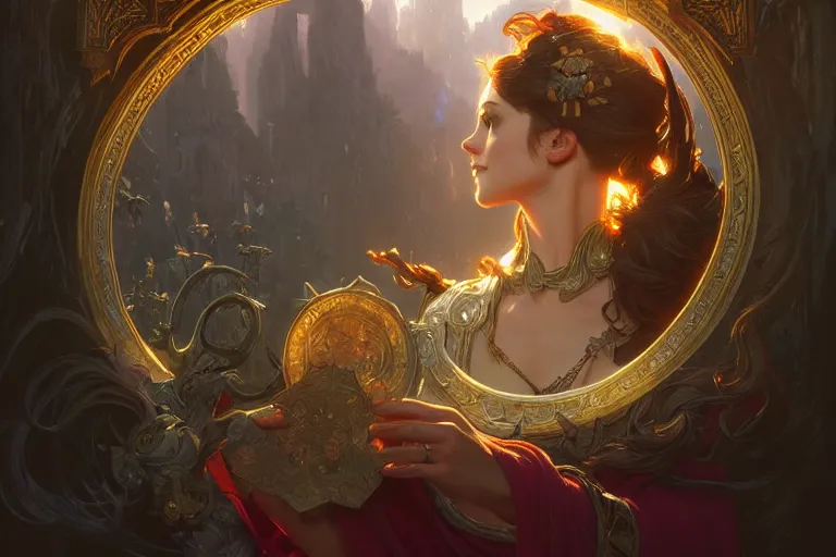 Image similar to book decorative border frame, deep focus, d & d, fantasy, intricate, elegant, highly detailed, digital painting, artstation, concept art, matte, sharp focus, illustration, hearthstone, art by artgerm and greg rutkowski and alphonse mucha