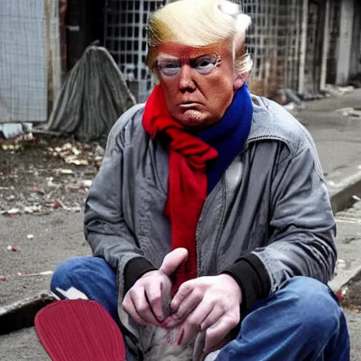 Image similar to donald trump dressed as a homeless man living in the slums