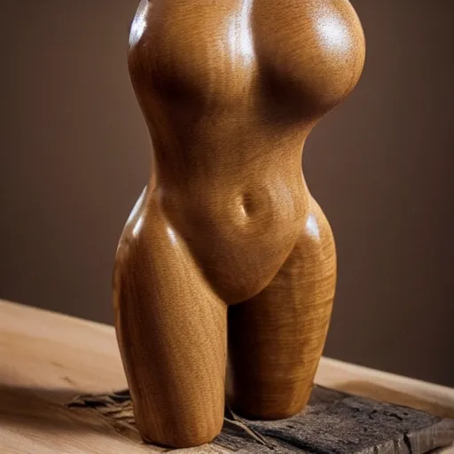 Image similar to wooden sculpture of a blonde lady in a bikini cooking sardines, polished maple, thoughtful, elegant, real