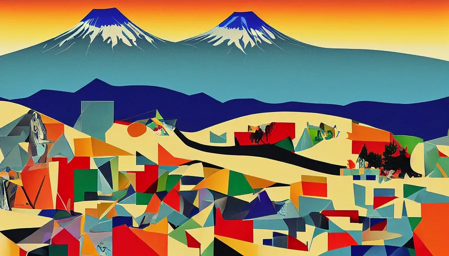 Image similar to award winning graphic design poster, cutouts constructing an contemporary art depicting a lone mount fuji and hills, rural splendor, and bullet train, isolated on white, and bountiful crafts, local foods, edgy and eccentric abstract cubist realism, composition confined and isolated on white, mixed media painting by Leslie David and Lisa Frank for juxtapose magazine