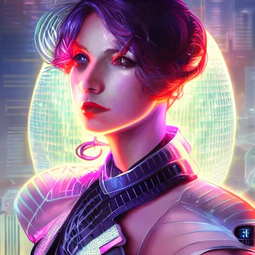 Prompt: portrait futuristic cyber warrior girl goddess, in future cyberpunk tokyo rooftop, ssci - fi, fantasy, intricate, very very beautiful, elegant, neon light, highly detailed, digital painting, artstation, concept art, smooth, 8 k, sharp focus, illustration, art by alphonse mucha and tian zi and wlop