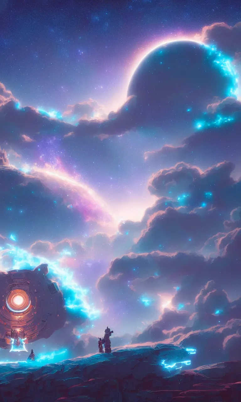 Image similar to a portal in sky to a starry nebula cloud strand with teal filament detailing in space by Craig Mullins and Hiroshi Yoshida and Dan Mumford and Peter Mohrbacher, featured in artstation, octane render, cinematic, elegant, intricate, 8k