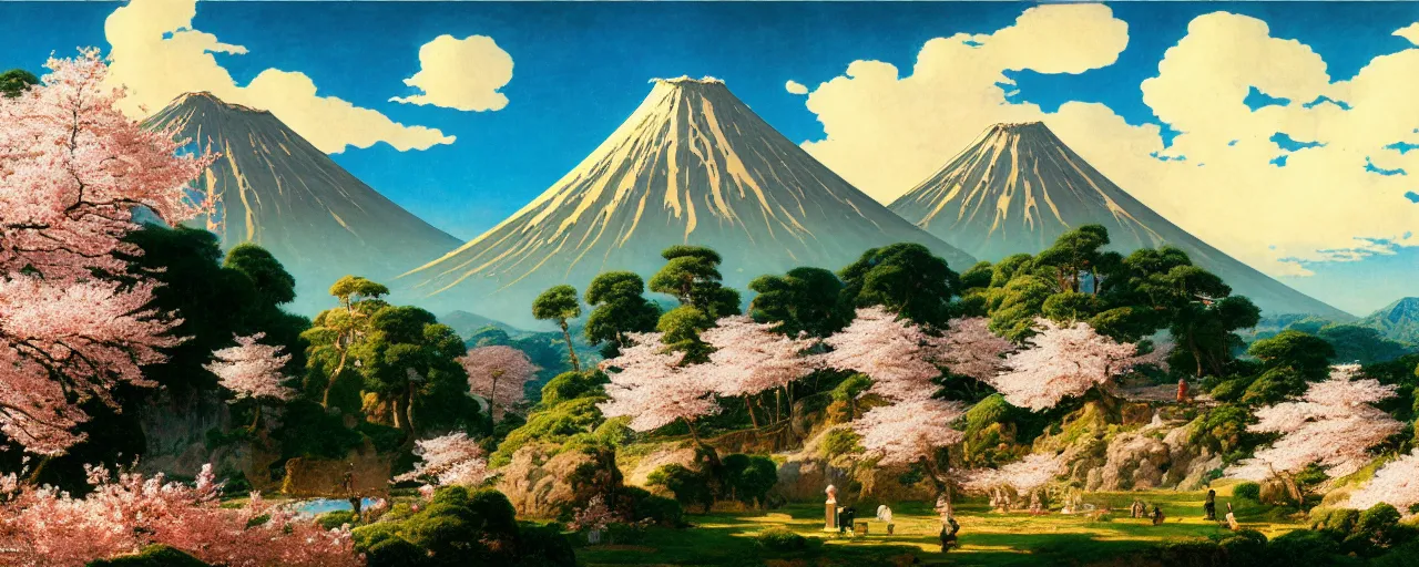 Image similar to ghibli illustrated background of a strikingly beautiful over a volcano with cherry blossom by eugene von guerard, ivan shishkin, albert edelfelt, john singer sargent, 4 k