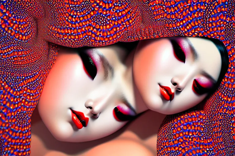 Image similar to hyperrealistic detailed image of a geisha laying in a art installation, interior by yayoi kusama, part by kei mieno, part by alex gray, part by ross tran, part by james jean, ultra realistic, highly detailed, life like face, detailed body, 8 k, octane render, trending on artstation, very cohesive, masterpiece