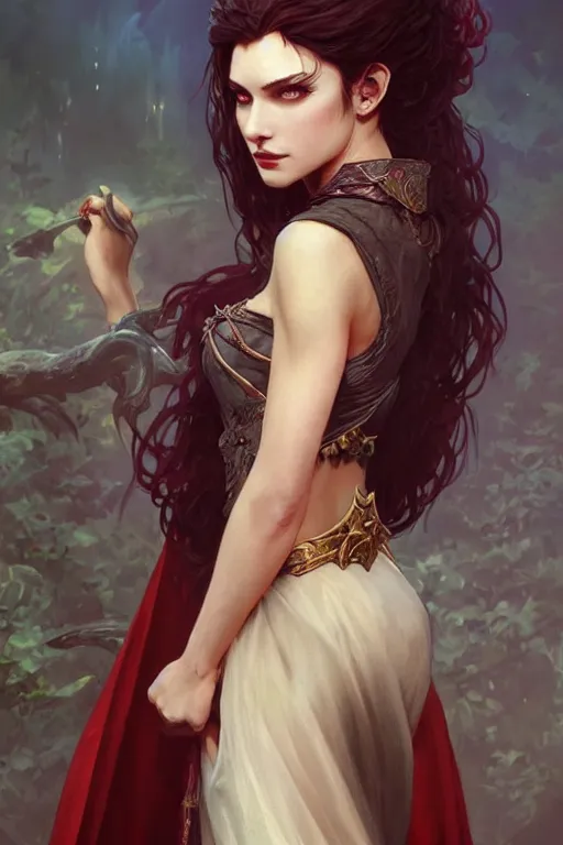 Image similar to beautiful vampire female princess, full body shot, messy bun, d & d, fantasy, intricate, elegant, highly detailed, digital painting, artstation, concept art, matte, sharp focus, illustration, hearthstone, art by artgerm and greg rutkowski and alphonse mucha