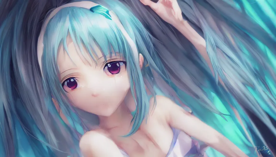 Image similar to cute anime girl by wlop, detailed eyes, heterochromia, bright eyes, closeup, happy expression, short minidress, light clothing, light rain, hyper real, detailed digital art, hatsune miku, photorealistic