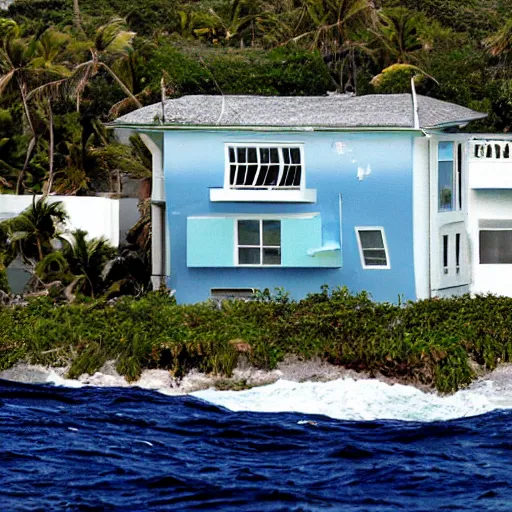 Prompt: a house half submerged in the ocean.