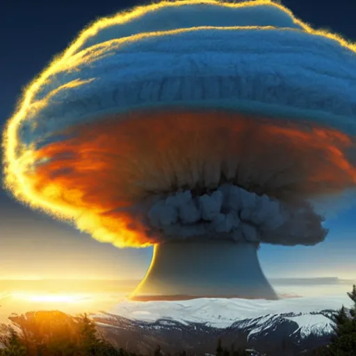 Prompt: digital artwork of nuclear explosion over a small quaint town in the swedish alps