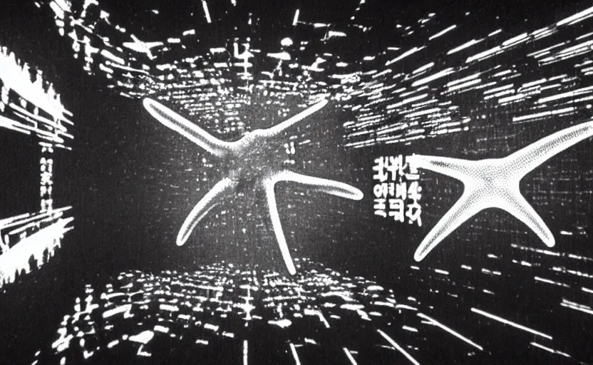 Image similar to light coming out of one starfish - like kaiju anthropomorphic monster, korean film noir by kim jong - il, korean traditional palace, pyongyang city, 1 9 6 0 s, red color bleed, 4 k, video compression, video glitch, monochrome, akira kurosawa, mamoru oshii, wes anderson, stanley kubrick