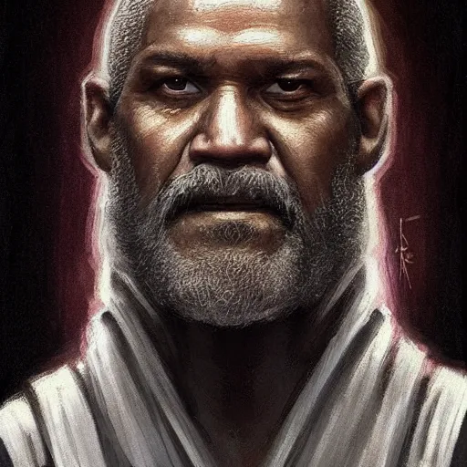 Image similar to portrait of a man by greg rutkowski, old jedi master, black, he looks like laurence fishbourne, star wars expanded universe, he is about 6 0 years old, wearing jedi robes, highly detailed portrait, digital painting, artstation, concept art, smooth, sharp foccus ilustration, artstation hq