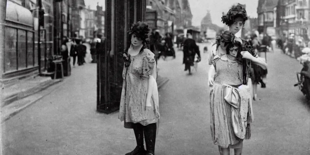 Image similar to a young red haired woman with freckles looks deeply into the camera, 1920's london street, 100, 50mm, art nouveau, f4.0, style of Joel Meyerowitz