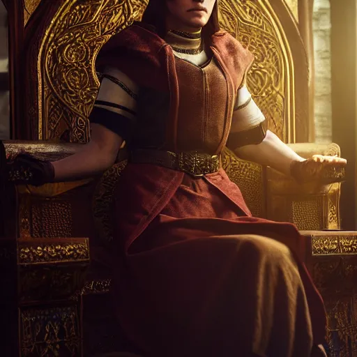 Image similar to the elder scrolls vi, charismatic regal brunette female jarl, portrait, throne room, atmospheric lighting, painted, intricate, volumetric lighting, beautiful, daytime, sunny weather, slight overcast, sharp focus, deep colours, ultra detailed, by leesha hannigan, ross tran, thierry doizon, kai carpenter, ignacio fernandez rios