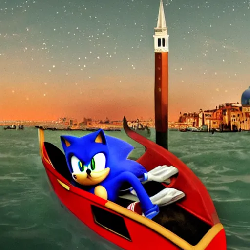 Image similar to Sonic the Hedgehog and Shadow the Hedgehog in a gondola in Venice, moonlit sky, romantic, award winning