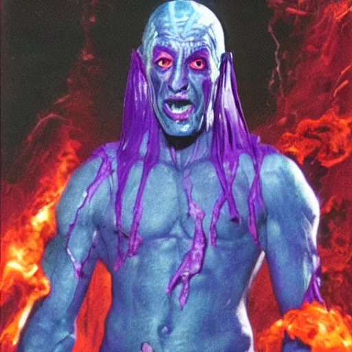 Image similar to ivan ooze, portrait, practical effects, 1 9 9 0 s action movie, purple electricity arcing from fingers, an army of tongue warriors