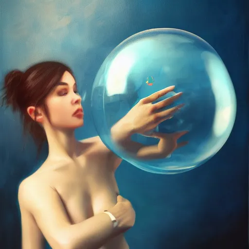 Image similar to cinematic portrait of cute Mew holding onto large blue bubble, oil on canvas, masterpiece, trending on artstation, featured on pixiv, cinematic composition, dramatic pose, beautiful lighting, sharp, details, hyper-detailed, HD, HDR, 4K, 8K