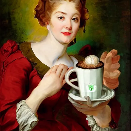 Prompt: heavenly summer sharp land sphere scallop well dressed lady holding a tall starbucks paper coffee cup, auslese, by peter paul rubens and eugene delacroix and karol bak, hyperrealism, digital illustration, fauvist, tall starbucks paper coffee cup, green coffee logo