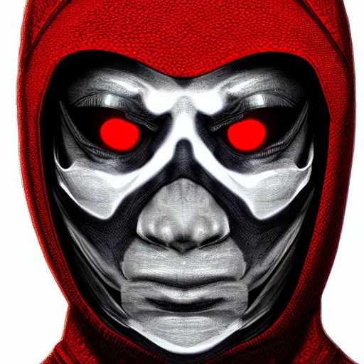 Image similar to a highly detailed headshot portrait of a man wearing a balaclava with a hoodie with glowing red eyes concept art