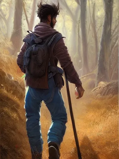 Image similar to a youthful handsome man holding a stick, walking in a rural area. intricate, elegant, highly detailed, digital painting, artstation, concept art, sharp focus, illustration, by justin gerard and artgerm, 8 k