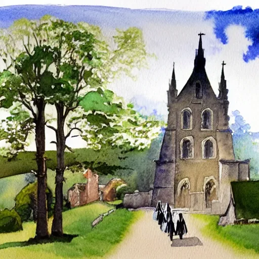Prompt: a watercolor painting of darth vader leaving a medieval church in a a quaint english village, landscape, trees