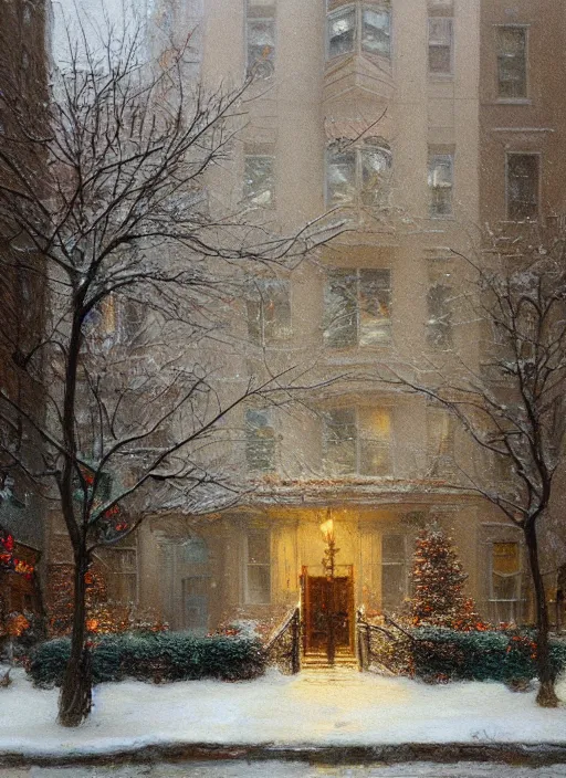 Image similar to new york apartment building in winter, wreath on door, snow, artwork by gaston bussiere, craig mullins, trending on artstation