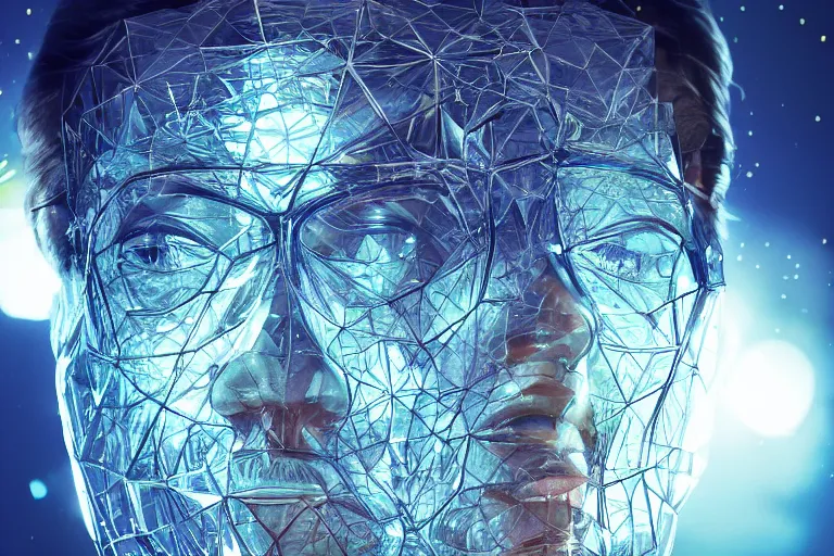 Prompt: human head enveloped in a glass crystal simulation, glinting facets, intricate, 3d render, cinematic, hyper realism, 8k, depth of field, bokeh, iridescent accents, artwork by Tooth Wu and wlop and beeple and dan mumford and greg rutkowski