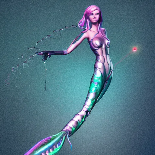 Prompt: mermaid cyborg with a laser whip, realistic, detailed, in the style of beeple, uncropped,