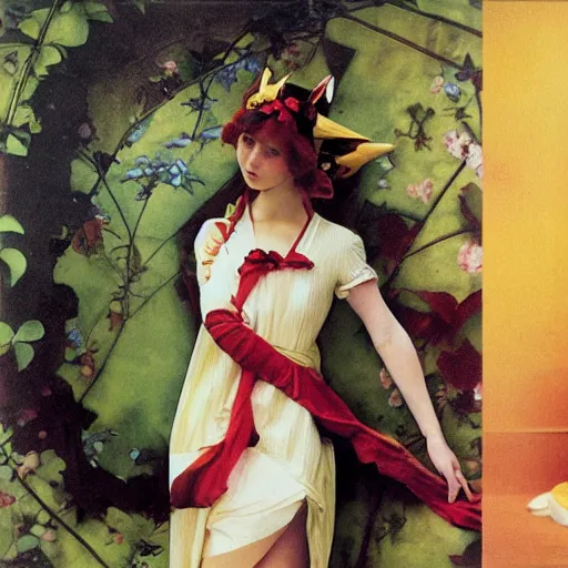 Image similar to elegant woman in a cosplay costume of pikachu, art photo by Annie Liebovitz and David Hamilton and Alphonse Mucha