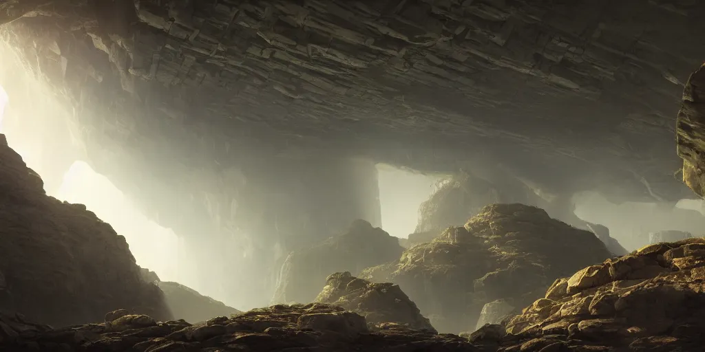 Image similar to discovery of a highly advanced civilization in a mechanical robot cave with minimal lighting in the style of thomas cole, cinematic lighting, raytracing, 8 k, octane render, volumetric, vivid, beautiful, hyperrealism