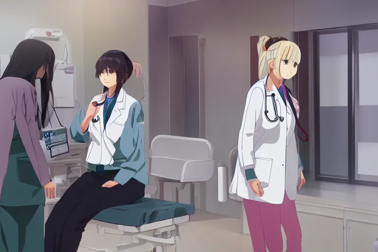 Image similar to a beautiful young female doctor wearing white coat are talking with a nurse wearing pink coat in a hospital ward, slice of life anime, anime scenery by Makoto shinkai