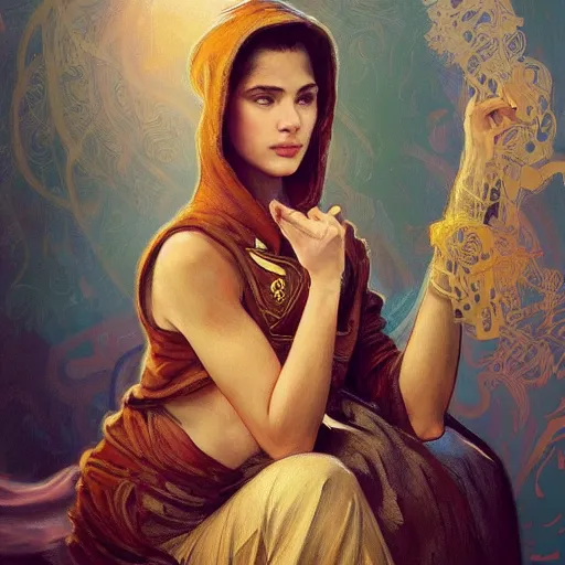 Prompt: character portrait of Mata Hari girl in a hoodie, relaxing mood, intricate, wild, highly detailed, digital painting, artstation, upper body, concept art, smooth, sharp focus, illustration, art by artgerm and greg rutkowski and alphonse mucha